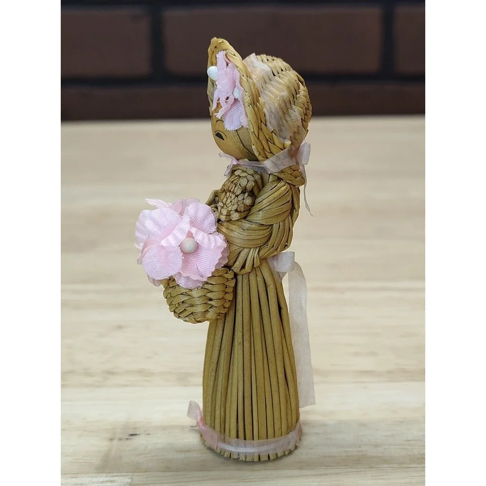 Wicker Vintage Wooden Peg Doll Figurine Girl Basket  Decorative Straw Hat